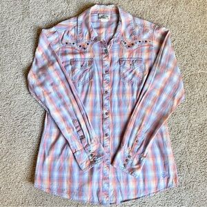 Ariat Pearl Snap Button Down Western Rodeo Studded Plaid L/S Shirt Medium Cotton